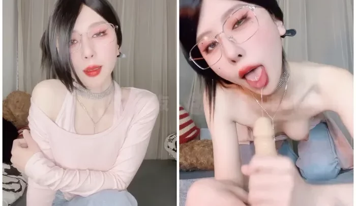 Mujer asiática amateur mostrando su cara — Belleza con gafas recibe crema dentro y hace garganta profunda