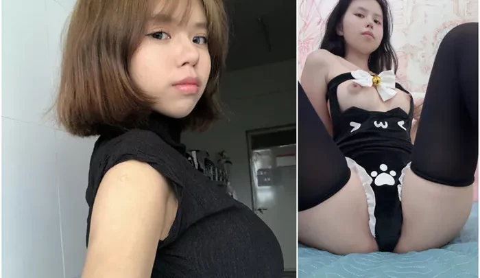 Chinesischer Amateur POV — Kurvige Katzenohr-Braut breitet sich auf blauen Laken aus