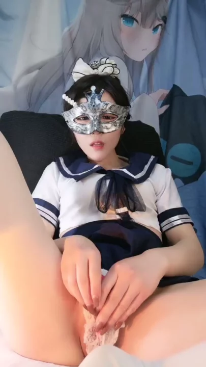 Chinese Schoolgirl Uniform POV — Shaved Pussy Solo with Dildo and Blindfold