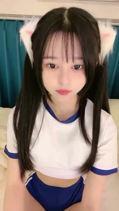 Screenshot 2 from Solo Asian Tease — Cat-Ears Influencer Posing in Blue-Trim Crop Top