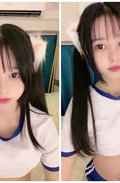 Screenshot 17 from Solo Asian Tease — Cat-Ears Influencer Posing in Blue-Trim Crop Top