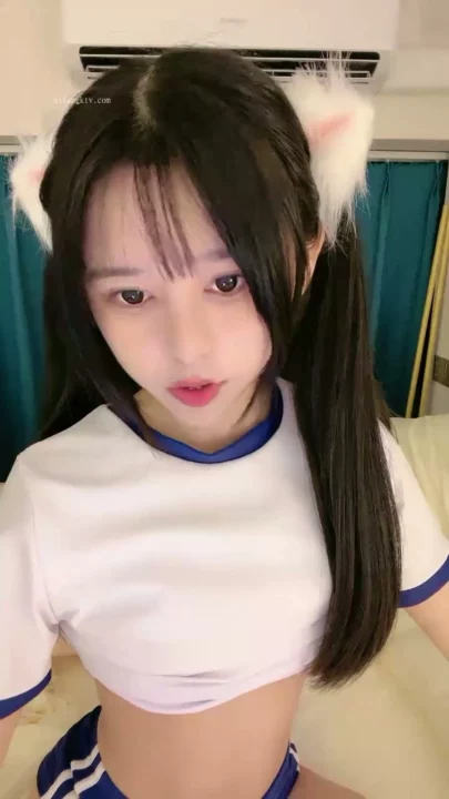 Screenshot 4 from Solo Asian Tease — Cat-Ears Influencer Posing in Blue-Trim Crop Top