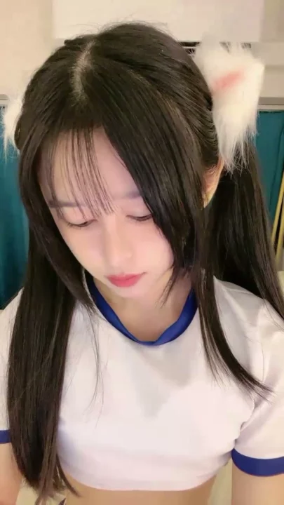 Screenshot 5 from Solo Asian Tease — Cat-Ears Influencer Posing in Blue-Trim Crop Top