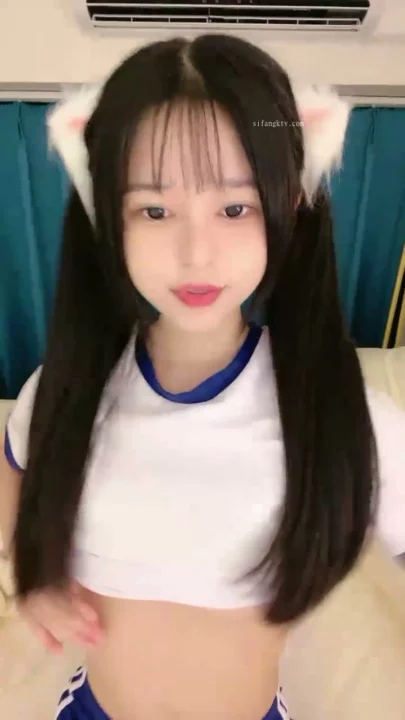 Screenshot 6 from Solo Asian Tease — Cat-Ears Influencer Posing in Blue-Trim Crop Top
